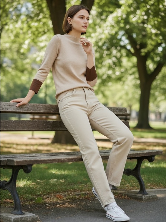 Tops - Beige Knit Top with Color Block Sleeves